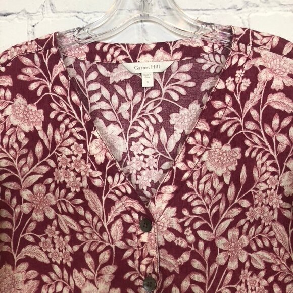 Garnet Hill 100% Linen Red Tropical Floral Buttondown Shirt Size S - Picture 2 of 6
